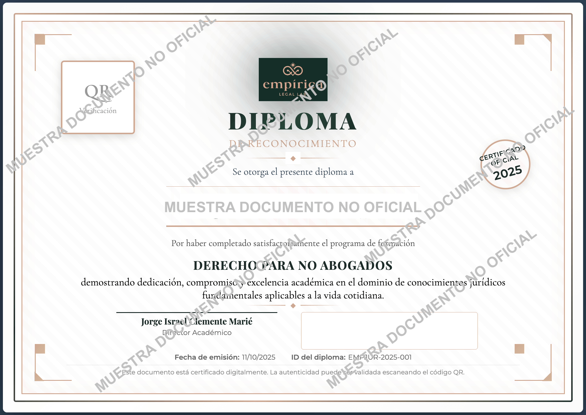 Ejemplo de Diploma Empírica Legal Lab con firma electrónica SAT